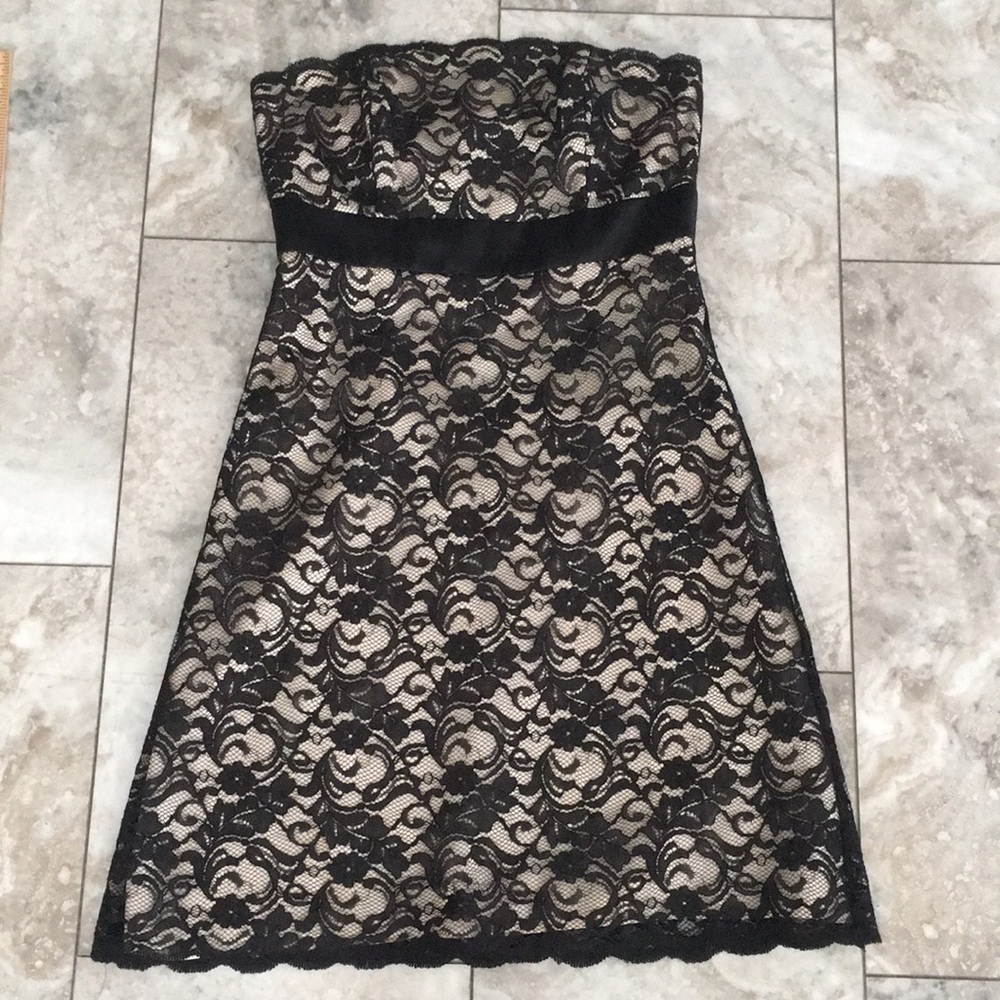 White House Black Market Strapless Black Lace A-Line Dress with Nude Lining